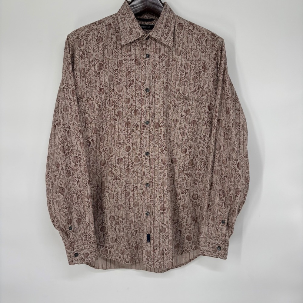 Zegna Sport Mens Brown Striped Floral Cotton Button Down Shirt Size M Romania